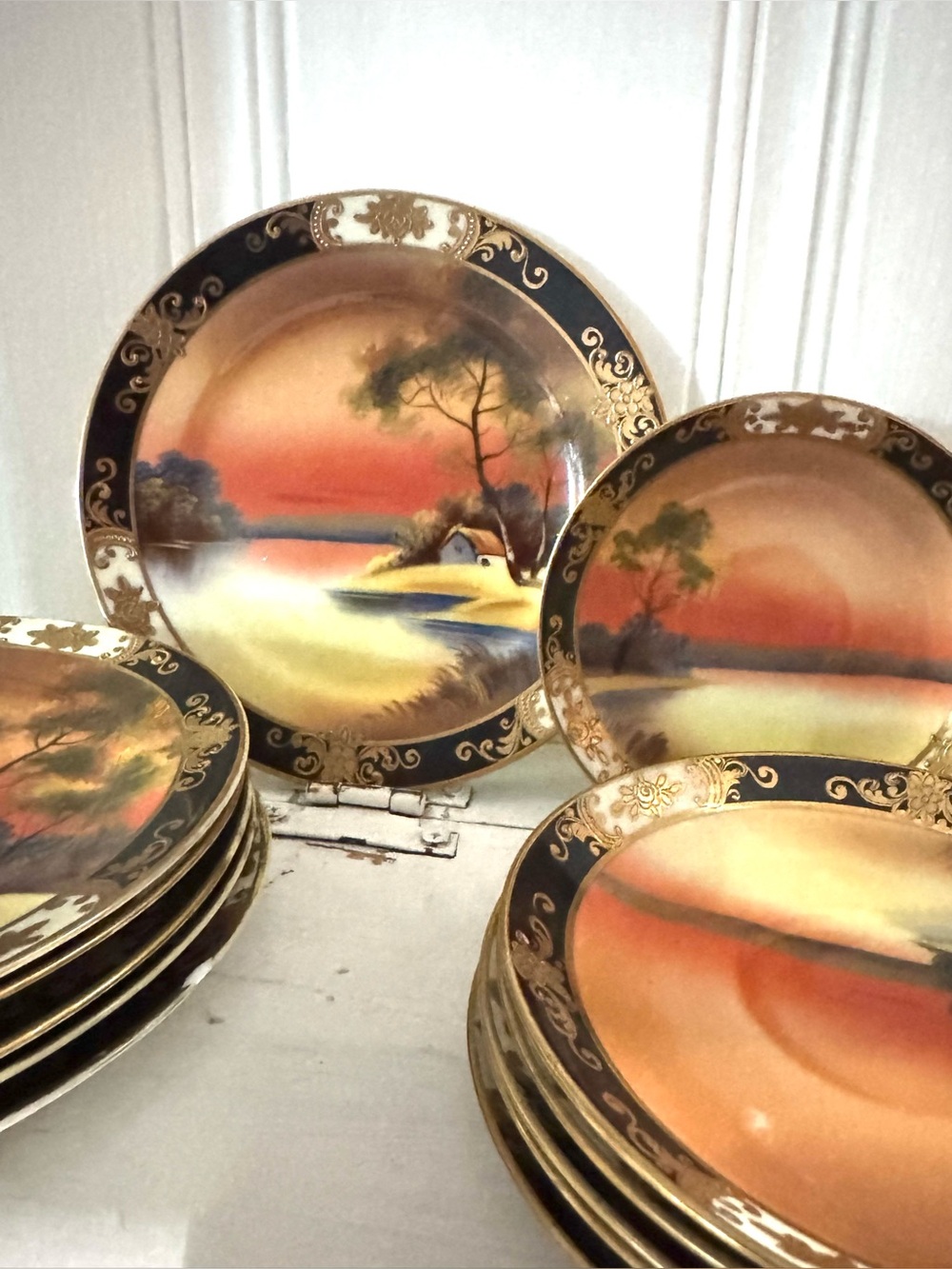 Antique Noritake Morimura 24K Sunset Cottage Lake 6 Salad Porcelain Plates
